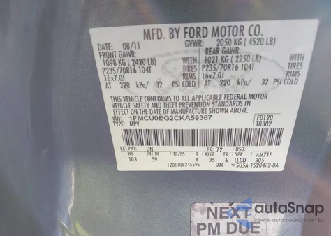 2012 Ford Escape Limited из США, поврежденный, VIN 1FMCU0EG2CKA59367